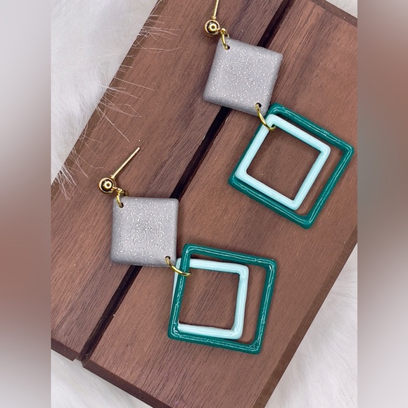 Geometric Teal & Silver Dangle Earrings + Gift Box - Picture 2 of 4